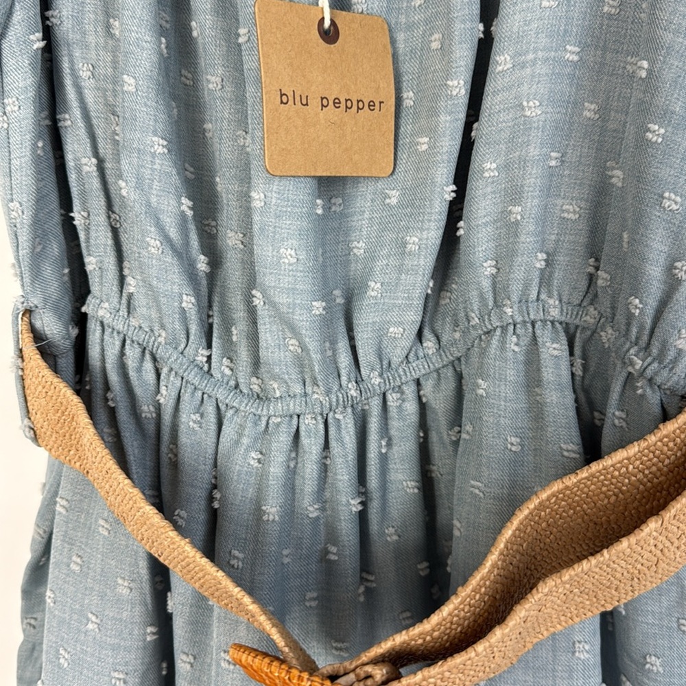 Blu Pepper Blue Ruffled Tiered Dress w/Flutter Sleeves & Ratan Belt - Large NWT - Picture 8 of 11